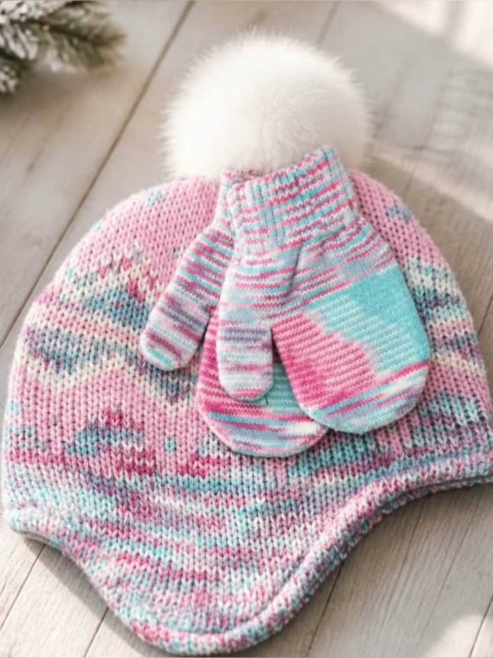 Kids Pom Pom Knit Hat and Mittens Set - Pink & Aqua